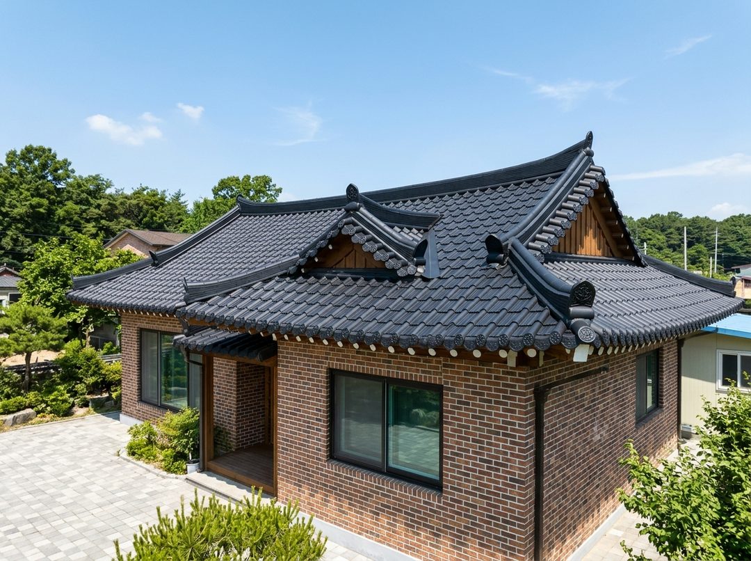 고급 벽돌 주택 전통 한옥형 흑색 금속기와 및 칼라강판 시공 완료 사진