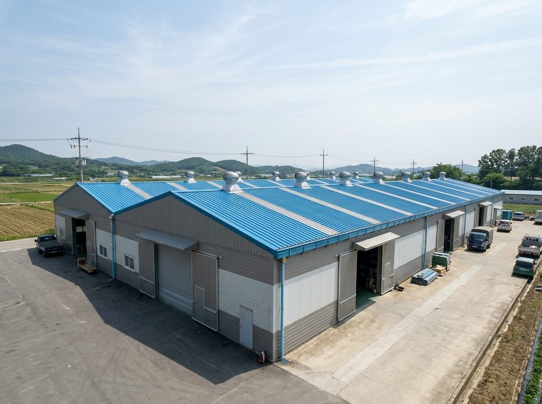 대형 공장 및 창고 청색 골강판 지붕과 벤틸레이터 환기구 시공 완료 전경